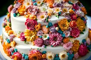 a wedding cake decorated with colorful flowers. AI-Generated photo