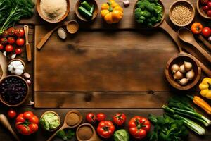 a wooden table with many different types of vegetables. AI-Generated photo