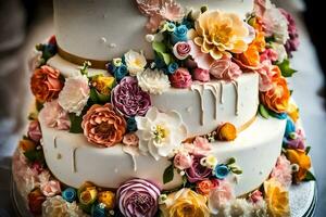 a wedding cake with colorful flowers on top. AI-Generated photo