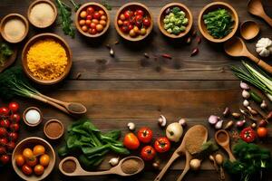 various types of vegetables and spices in wooden bowls. AI-Generated photo