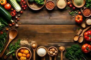 various vegetables and fruits are arranged around a wooden table. AI-Generated photo