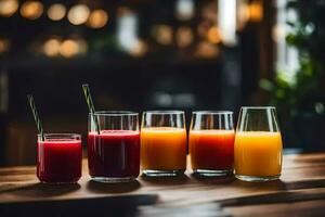 five glasses of juice on a wooden table. AI-Generated photo