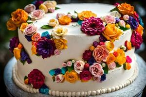 a white cake with colorful flowers on top. AI-Generated photo