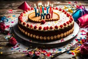 a birthday cake with candles on top. AI-Generated photo