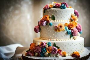 un Tres escalonado pastel con vistoso flores en cima. generado por ai foto