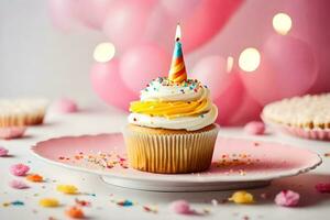 a cupcake with a birthday candle on top. AI-Generated photo