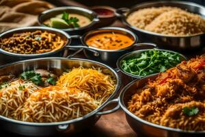 various types of indian food in metal bowls. AI-Generated photo