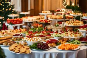 a buffet table with many different types of food. AI-Generated photo