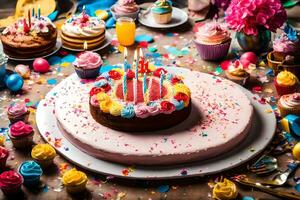 cumpleaños pastel con velas y vistoso papel picado en un mesa. generado por ai foto
