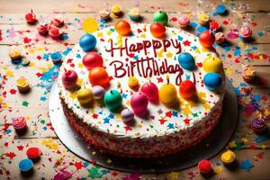 happy birthday cake with colorful balloons and confetti on a wooden table. AI-Generated photo