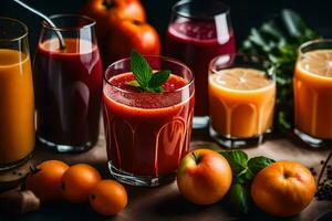 a variety of juices and fruits are arranged on a table. AI-Generated photo