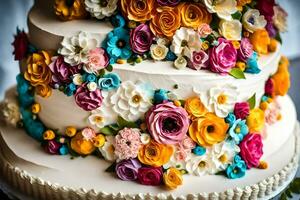 un Boda pastel decorado con vistoso flores generado por ai foto