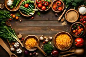 a wooden table with many different types of food. AI-Generated photo