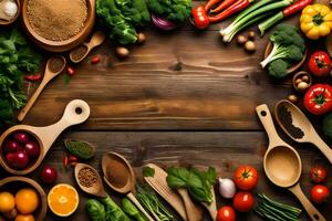 a wooden table with various vegetables and spices. AI-Generated photo