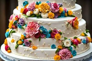 a wedding cake with colorful flowers on top. AI-Generated photo