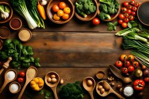 various vegetables and fruits arranged in a circle on a wooden table. AI-Generated photo
