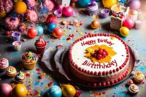 un cumpleaños pastel es rodeado por vistoso papel picado. generado por ai foto