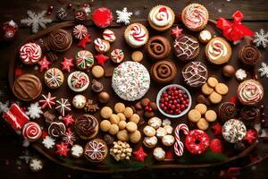 Navidad galletas en un de madera mesa. generado por ai foto