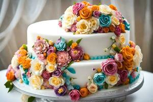 a cake decorated with colorful flowers. AI-Generated photo