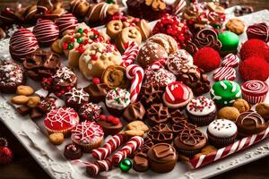 christmas candy platter with candy and cookies. AI-Generated photo