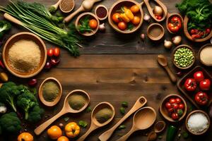 various types of food are arranged in wooden bowls. AI-Generated photo