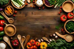 various vegetables and spices are arranged in bowls. AI-Generated photo