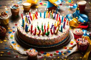 cumpleaños pastel con velas y papel picado en un de madera mesa. generado por ai foto