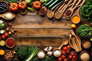 a wooden background with many different types of vegetables. AI-Generated photo