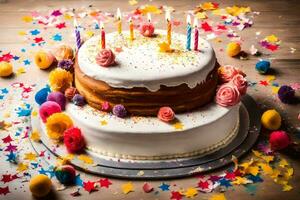 a birthday cake with candles and confetti. AI-Generated photo