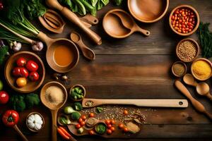 various wooden bowls and spoons with various vegetables and spices. AI-Generated photo