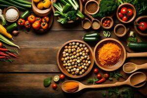 various vegetables and spices are arranged in bowls. AI-Generated photo