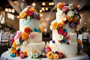 three wedding cakes with colorful flowers on top. AI-Generated photo