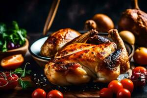 un pollo es en un plato con vegetales y Tomates. generado por ai foto