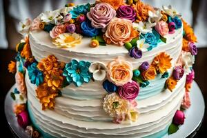 a white cake with colorful flowers on top. AI-Generated photo