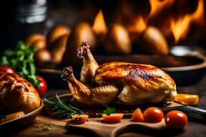 roasted chicken on a wooden cutting board with vegetables and a fire. AI-Generated photo