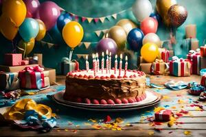 birthday cake with candles on top of table with balloons and confetti. AI-Generated photo