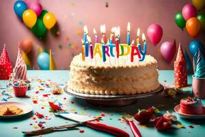 birthday cake with candles on the word happy birthday on a blue table with balloons and confetti. AI-Generated photo