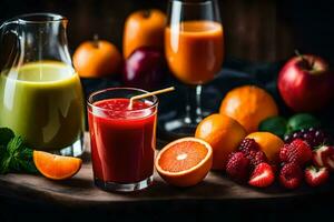 a variety of juices and fruit on a wooden table. AI-Generated photo