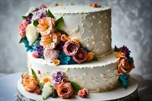 a three tiered cake with colorful flowers on top. AI-Generated photo