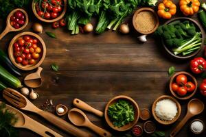 a wooden table with many different types of vegetables. AI-Generated photo