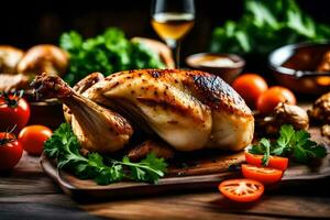 a roasted chicken on a wooden cutting board. AI-Generated photo