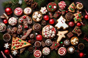 Navidad galletas y golosinas en un negro antecedentes. generado por ai foto