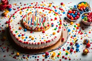 a birthday cake with colorful sprinkles and candies. AI-Generated photo