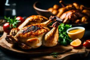 roasted chicken on a wooden board with vegetables and sauce. AI-Generated photo