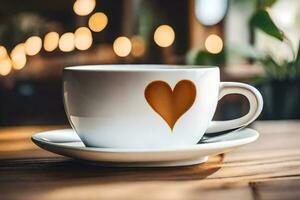 a heart shaped coffee cup on a wooden table. AI-Generated photo