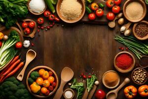 a variety of vegetables and spices are arranged in a circle. AI-Generated photo