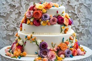 a three tiered cake with colorful flowers on top. AI-Generated photo