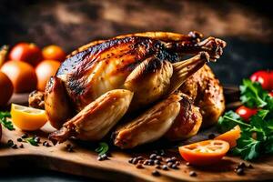 un asado pollo en un corte tablero con vegetales. generado por ai foto