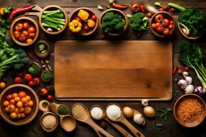a wooden cutting board with various vegetables and spices. AI-Generated photo