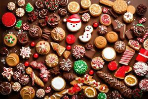 un grande surtido de Navidad galletas y dulces. generado por ai foto